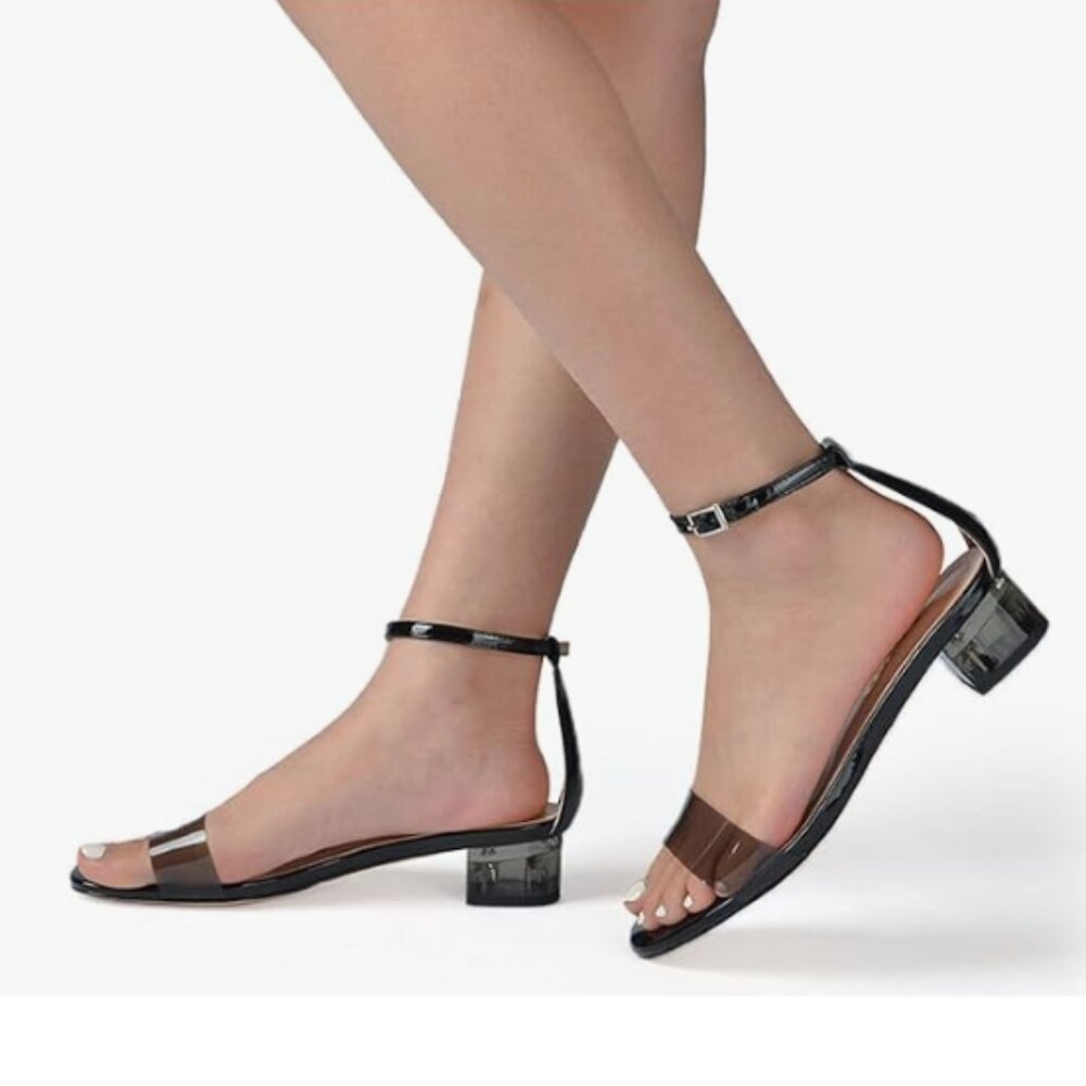 XYD Black Transparent Open Toe Ankle Strap Buckled Low Chunky Heel Sandal
